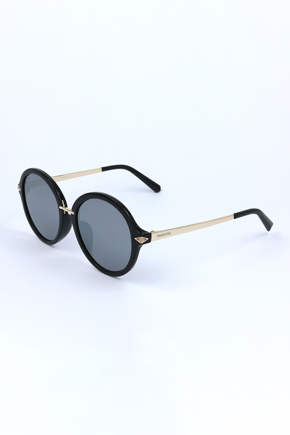 Swarovski, Ochelari de soare rotunzi cu brate metalice, Negru/Auriu, 54-18-140 Standard