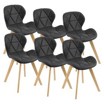 Set 6 bucati scaune de bucatarie, en.casa, Almhult S, 81 x 57 x 49 cm, imitatie piele, lemn de fag, negru Set 6 bucati scaune de bucatarie, en.casa, Almhult S, 81 x 57 x 49 cm, imitatie piele, lemn de fag, negru