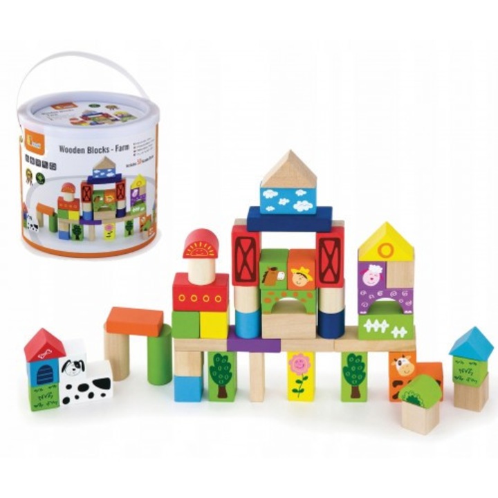OEM Fa építőkocka készlet, Farm téma, 50 darab, 3+ év, többszínű