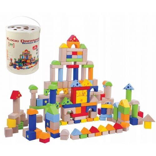 Set cuburi educative de constructie din lemn, 200 piese, Multicolor