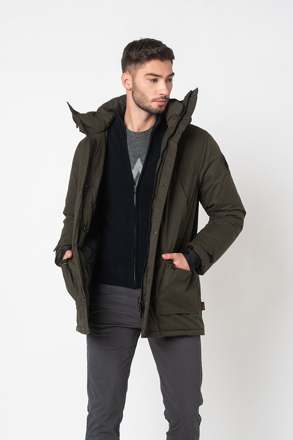 Lumberjack, Jacheta parka cu gluga si logo Artic, Verde inchis, 2XL