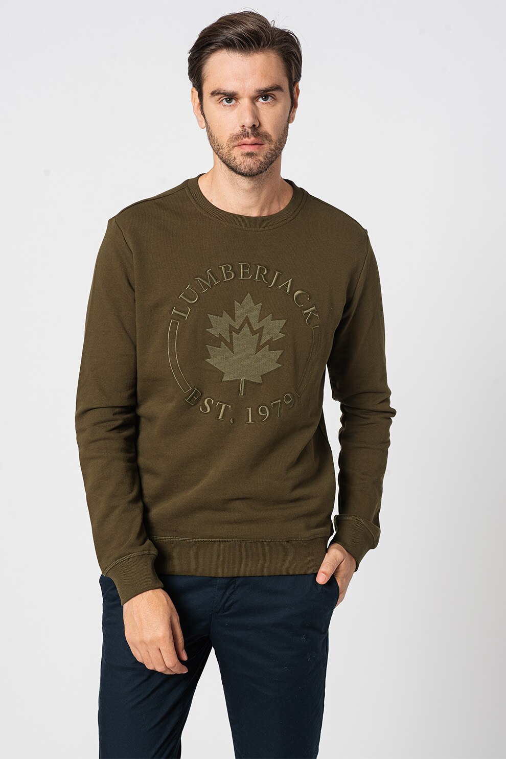 Lumberjack, Bluza sport de bumbac cu logo brodat, Verde militar
