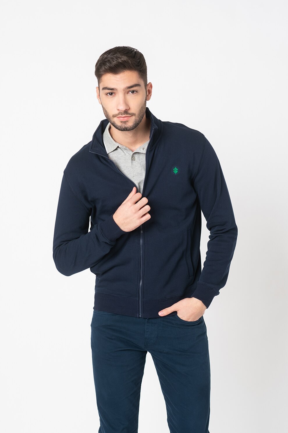 Lumberjack, Bluza sport cu fermoar si logo, Bleumarin