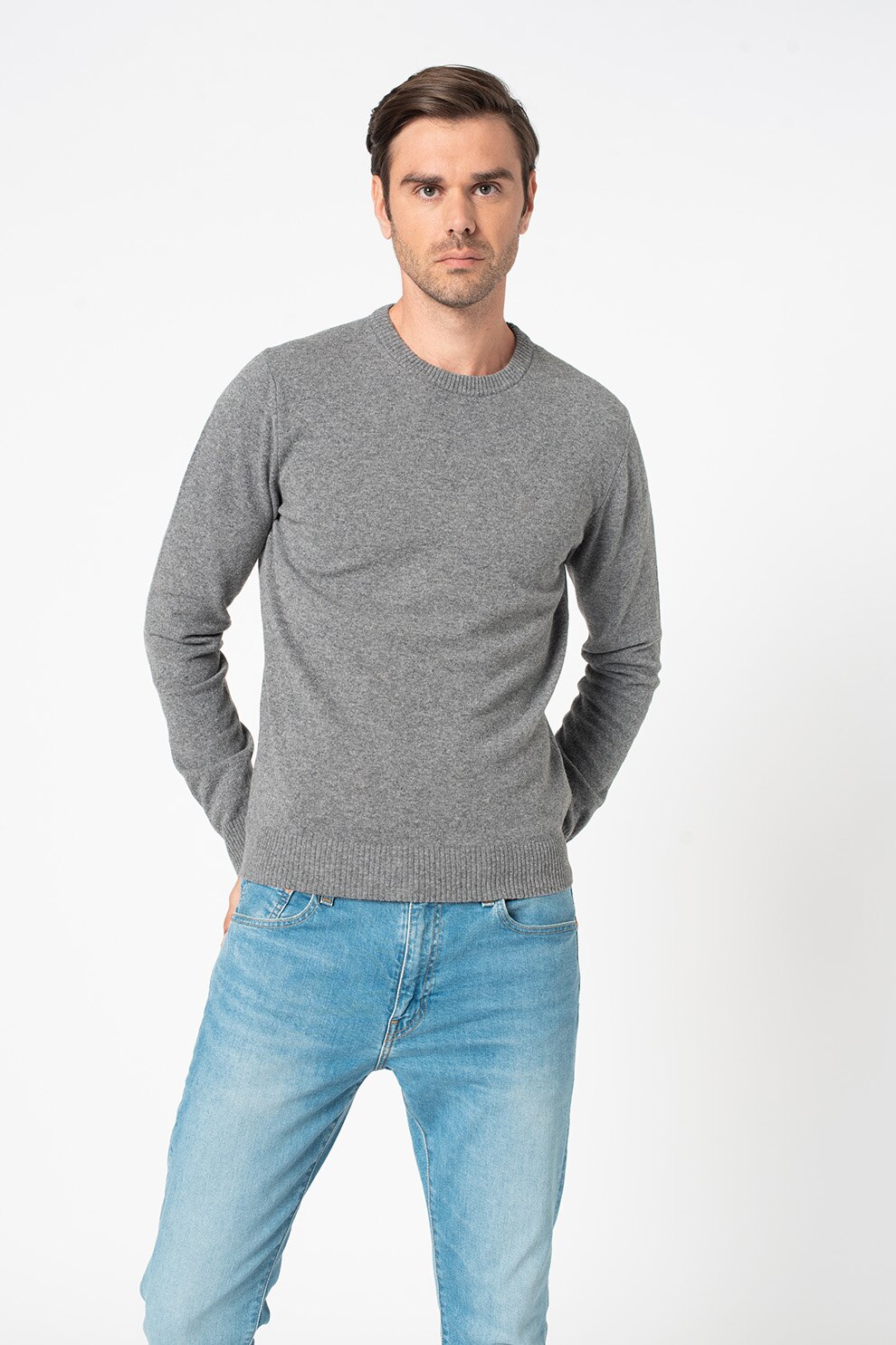 Lumberjack, Pulover din amestec de lana cu decolteu la baza gatului, Gri melange