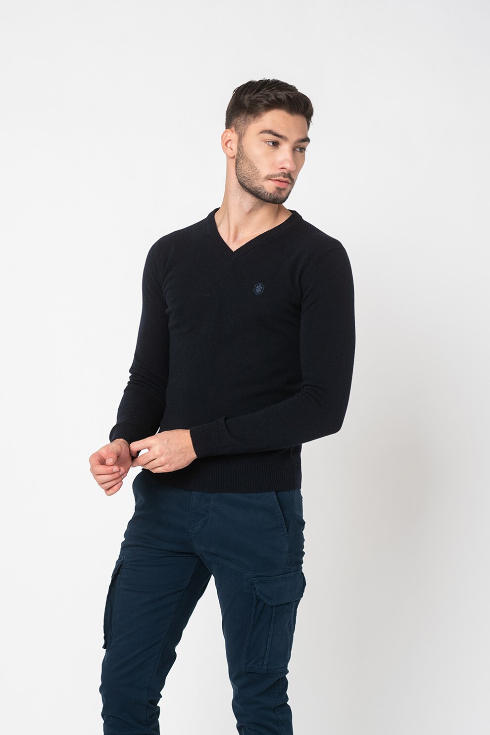 Lumberjack, Pulover din amestec de lana cu decolteu in V, Bleumarin