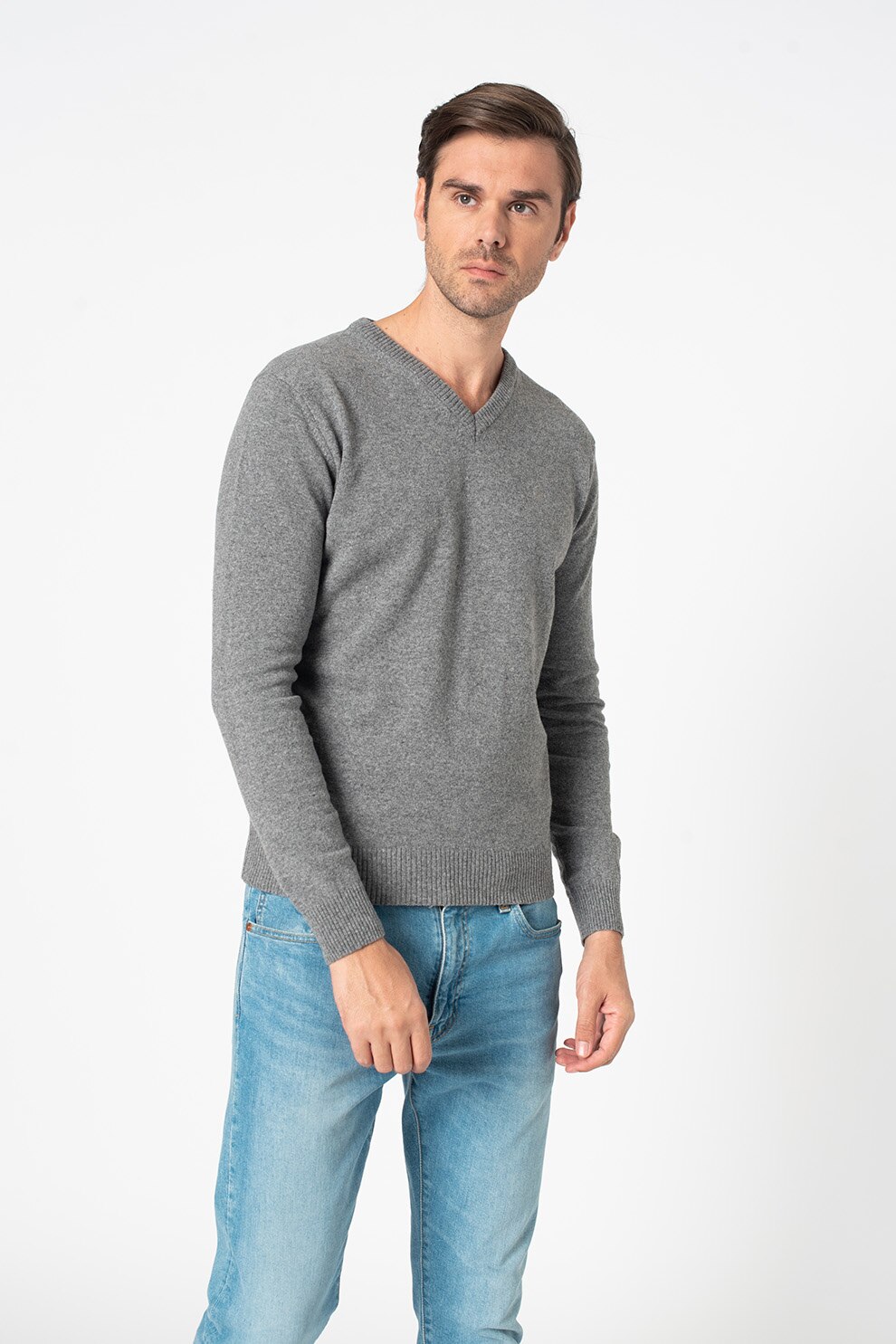 Lumberjack, Pulover din amestec de lana cu decolteu in V, Gri melange