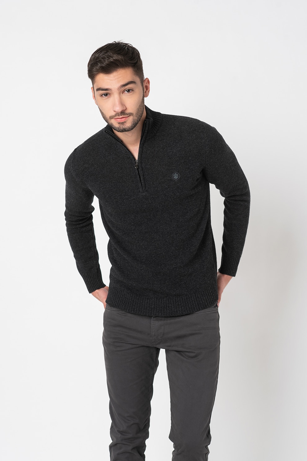 Lumberjack, Pulover din amestec de lana cu fermoar scurt, Gri antracit