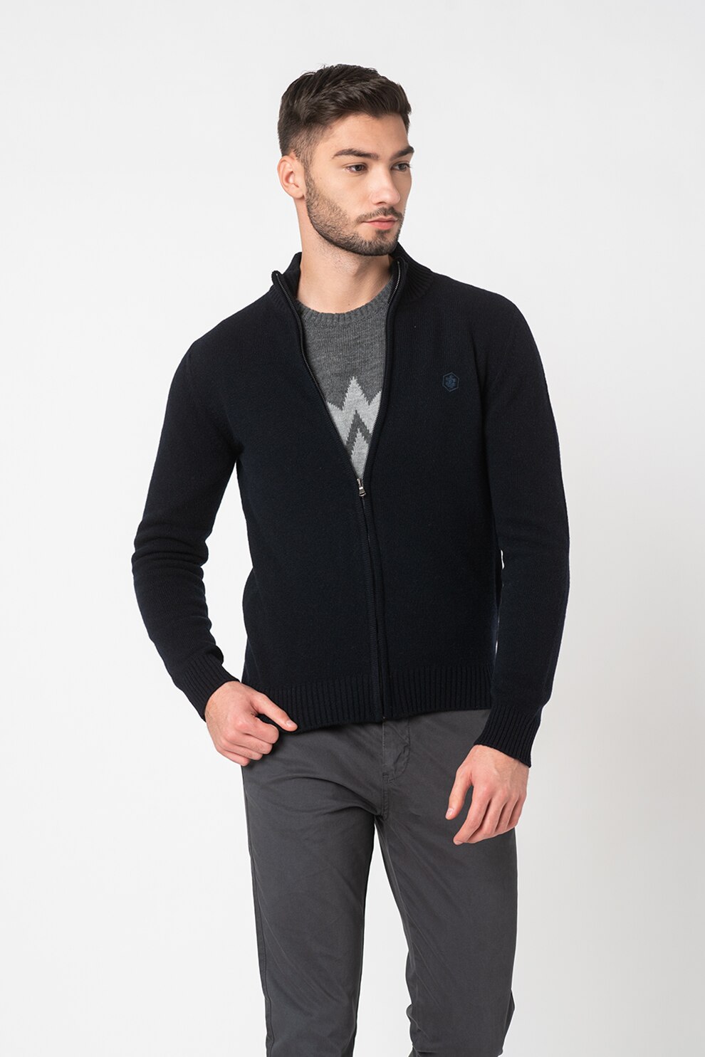 Lumberjack, Cardigan din amestec de lana cu logo brodat si fermoar