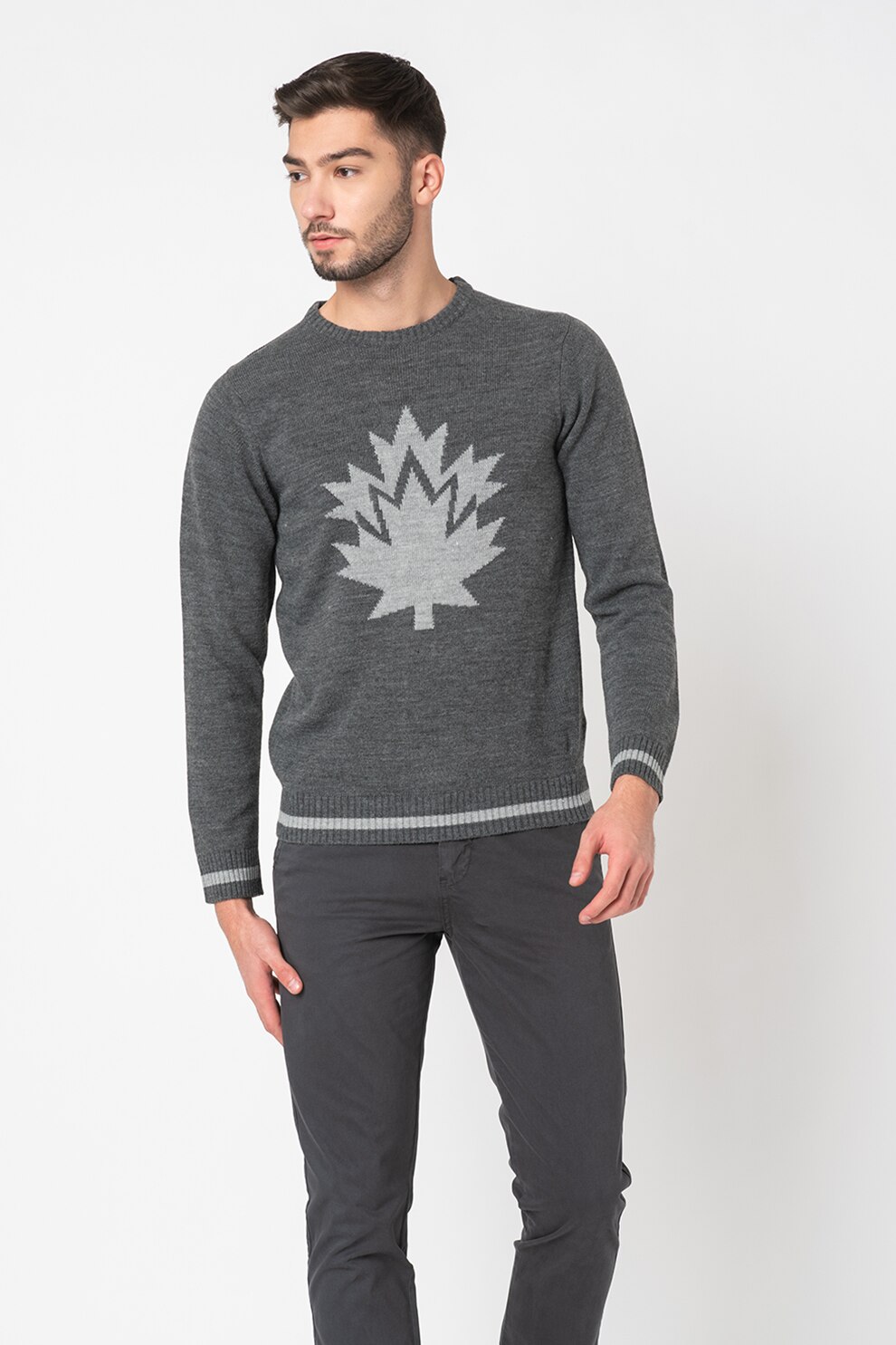 Lumberjack, Pulover din amestec de lana cu logo pe piept, Gri inchis melange