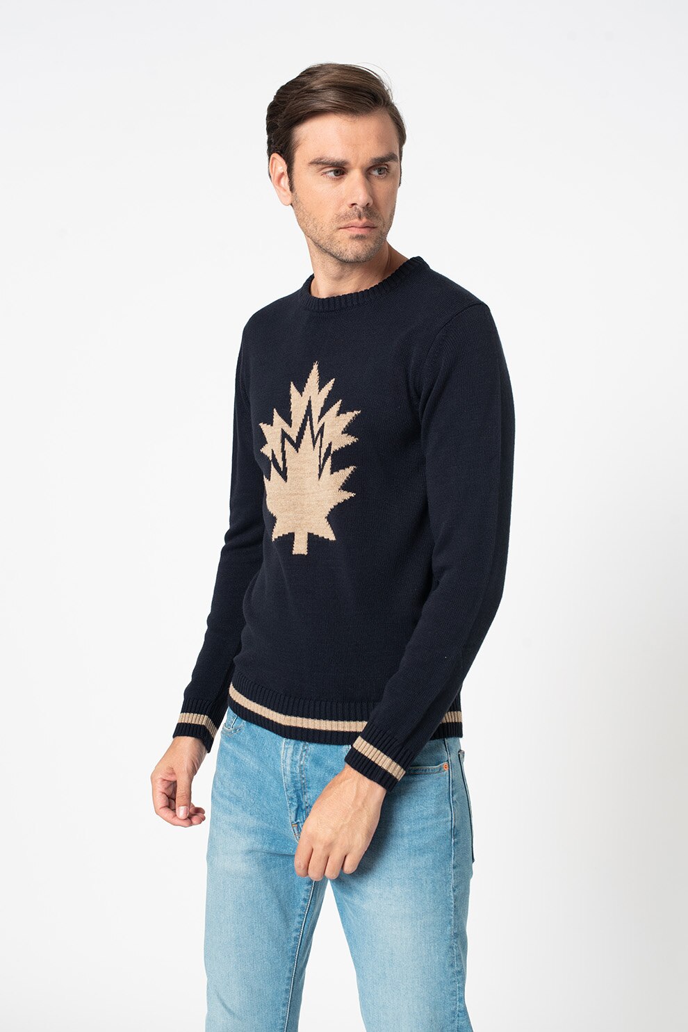 Lumberjack, Pulover din amestec de lana cu logo pe piept, Bleumarin/ Gri