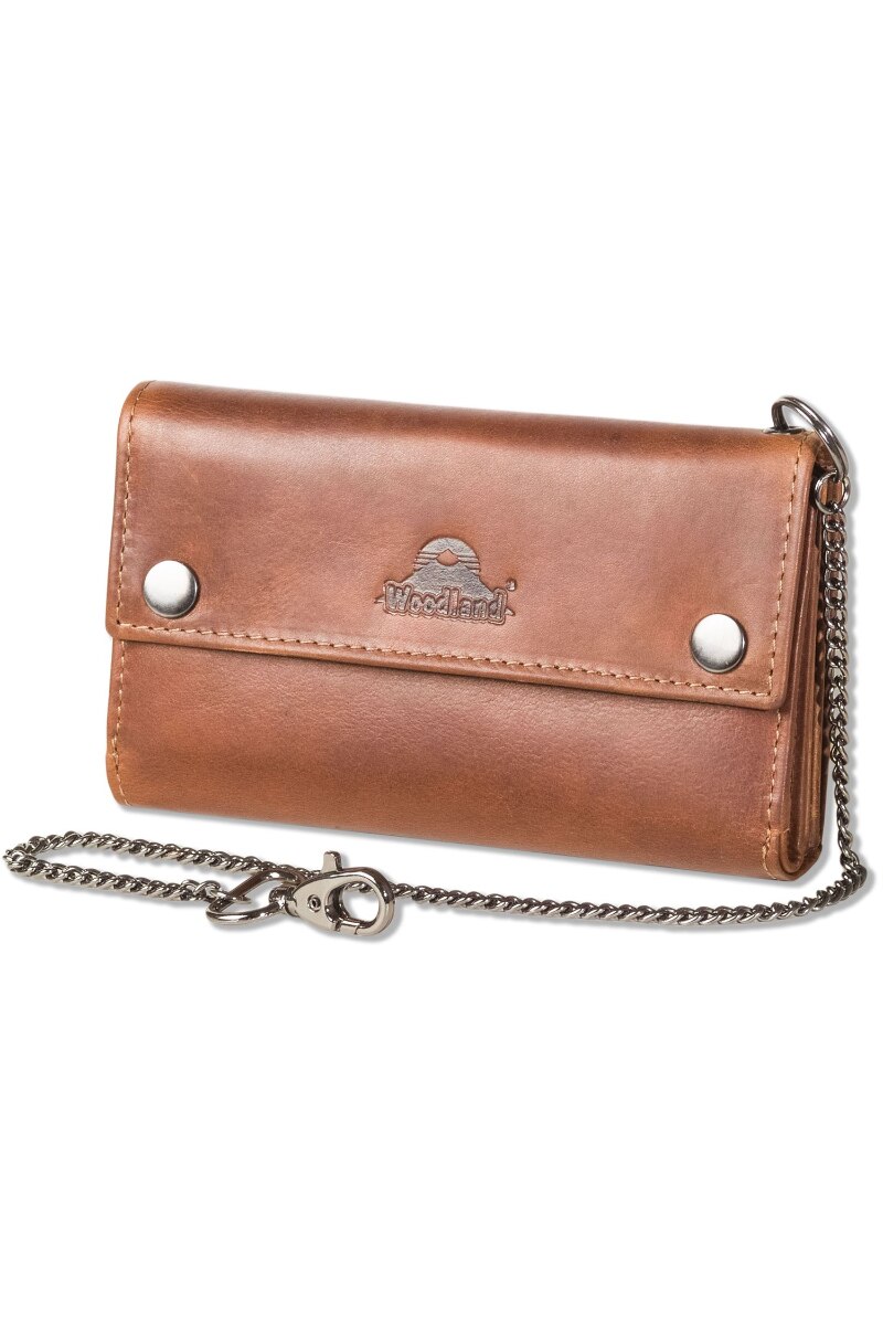 Portofel barbati Woodland, Cu lant, Protectie RFID/NFC, 17x9.5x3 cm, Piele naturala, Cognac