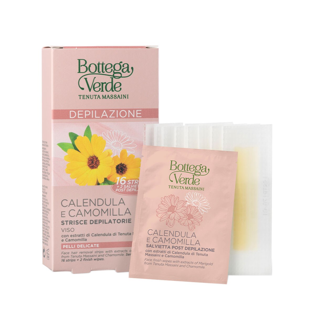 Benzi pentru indepartarea parului facial, cu extract de galbenele si musetel - Calendula e Camomilla, 16 Benzi, Bottega Verde