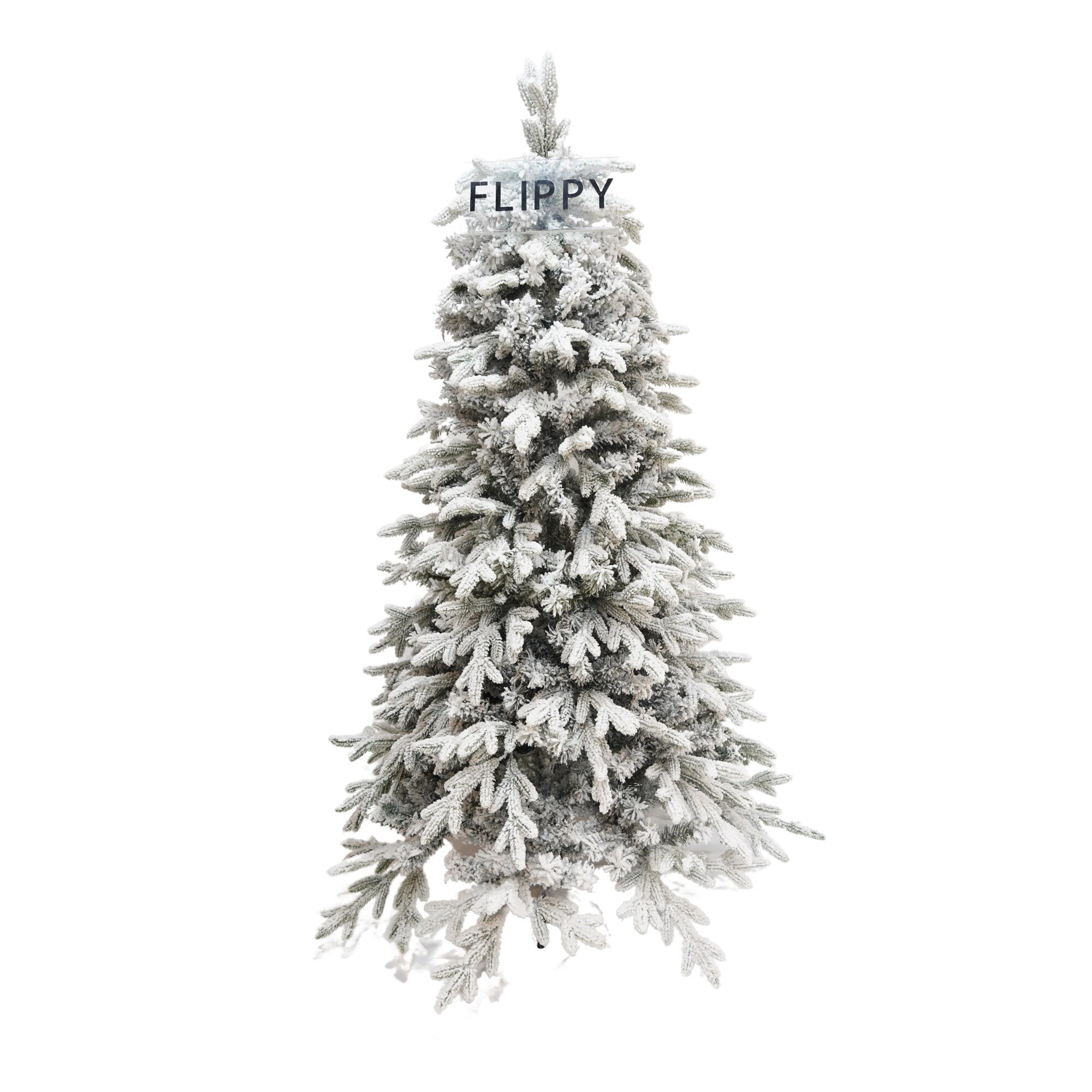 Brad artificial, Flippy, culoare verde, pulverizat alb-tip zapada, diametrul inferior 98cm, marimea 180cm