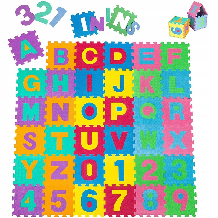 Covor copii tip puzzle litere si cifre, Spuma EVA, 180x180 cm, Multicolor
