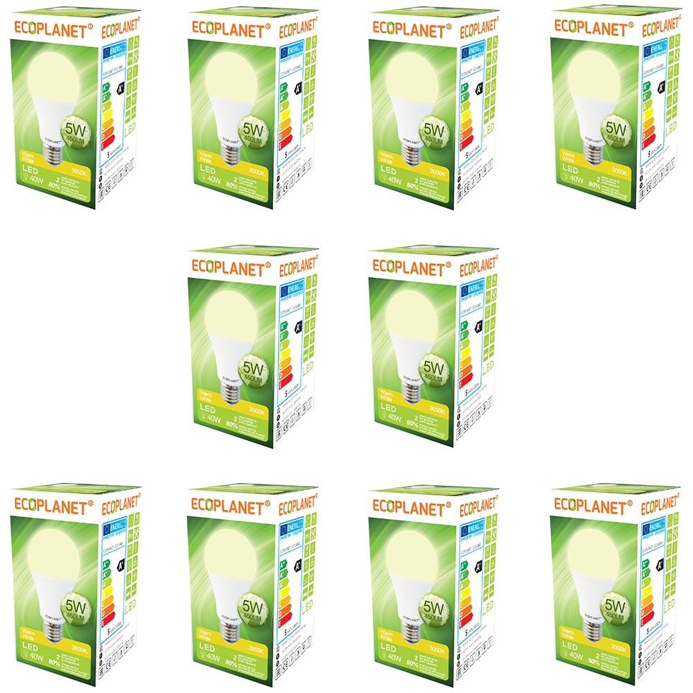 Set 10 buc - Bec LED Ecoplanet, E27, 5W (40W), 450 LM, F, lumina calda 3000K, Mat