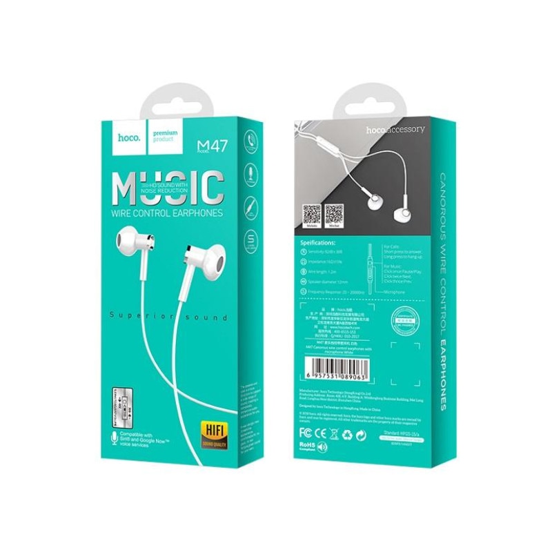 Casti Handsfree Hoco Telecomanda Pe Fir Si Mufa Jack 3.5mm, M47 - Alb