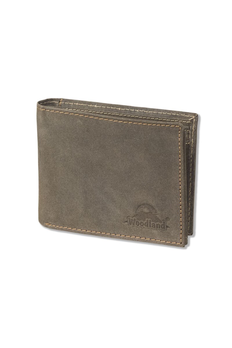 Portofel barbati Woodland, Protectie RFID/NFC, 12x9.5x2.5 cm, Piele naturala bivol, Maro inchis
