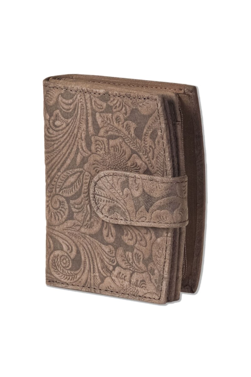 Portofel dama Woodland, 9.8x12.5x2.7 cm, Piele naturala bivol, Model orhidee, Maro inchis