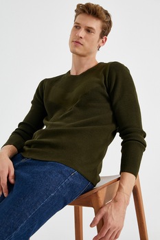 KOTON, Pulover cu decolteu rotund si maneci lungi, Verde oliv, S KOTON, Pulover cu decolteu rotund si maneci lungi, Verde oliv, S