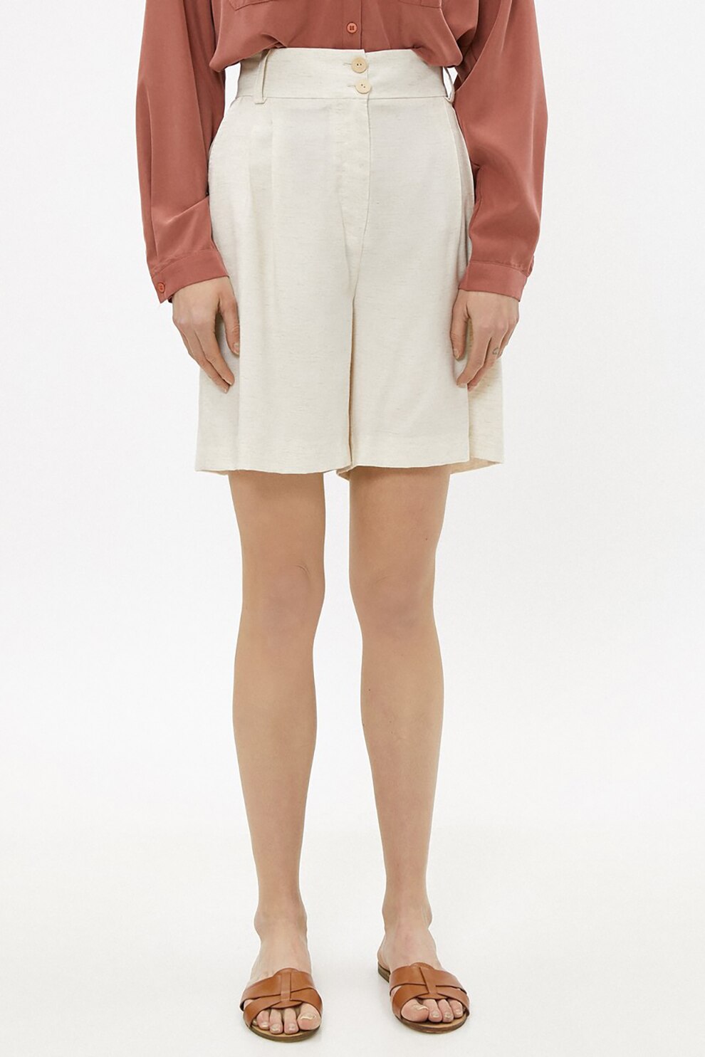 KOTON, Pantaloni scurti din amestec de in cu talie inalta, Maro nisip