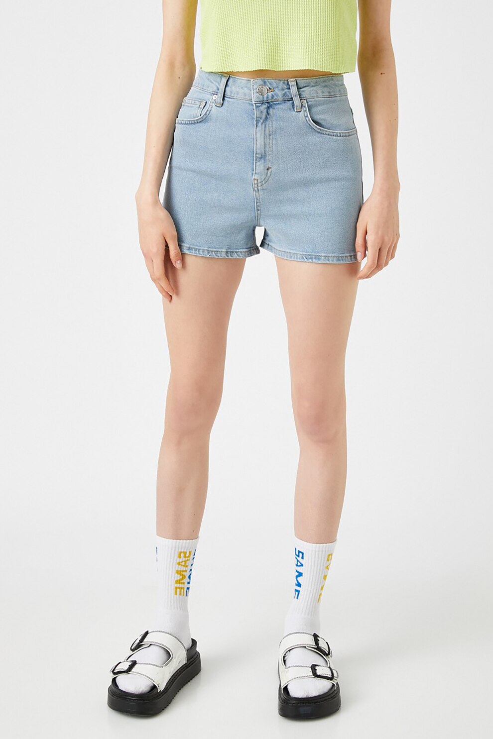 KOTON, Pantaloni scurti din denim cu talie inalta, Albastru deschis