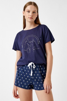 KOTON, Pijama de bumbac cu maneci cazute, Bleumarin/Alb KOTON, Pijama de bumbac cu maneci cazute, Bleumarin/Alb