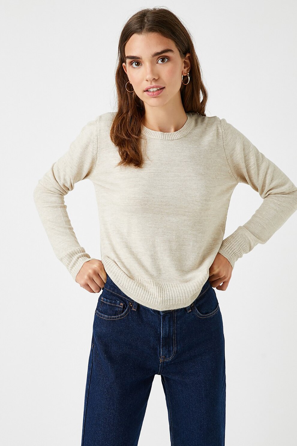 KOTON, Pulover cu decolteu la baza gatului si model uni, Maro deschis melange