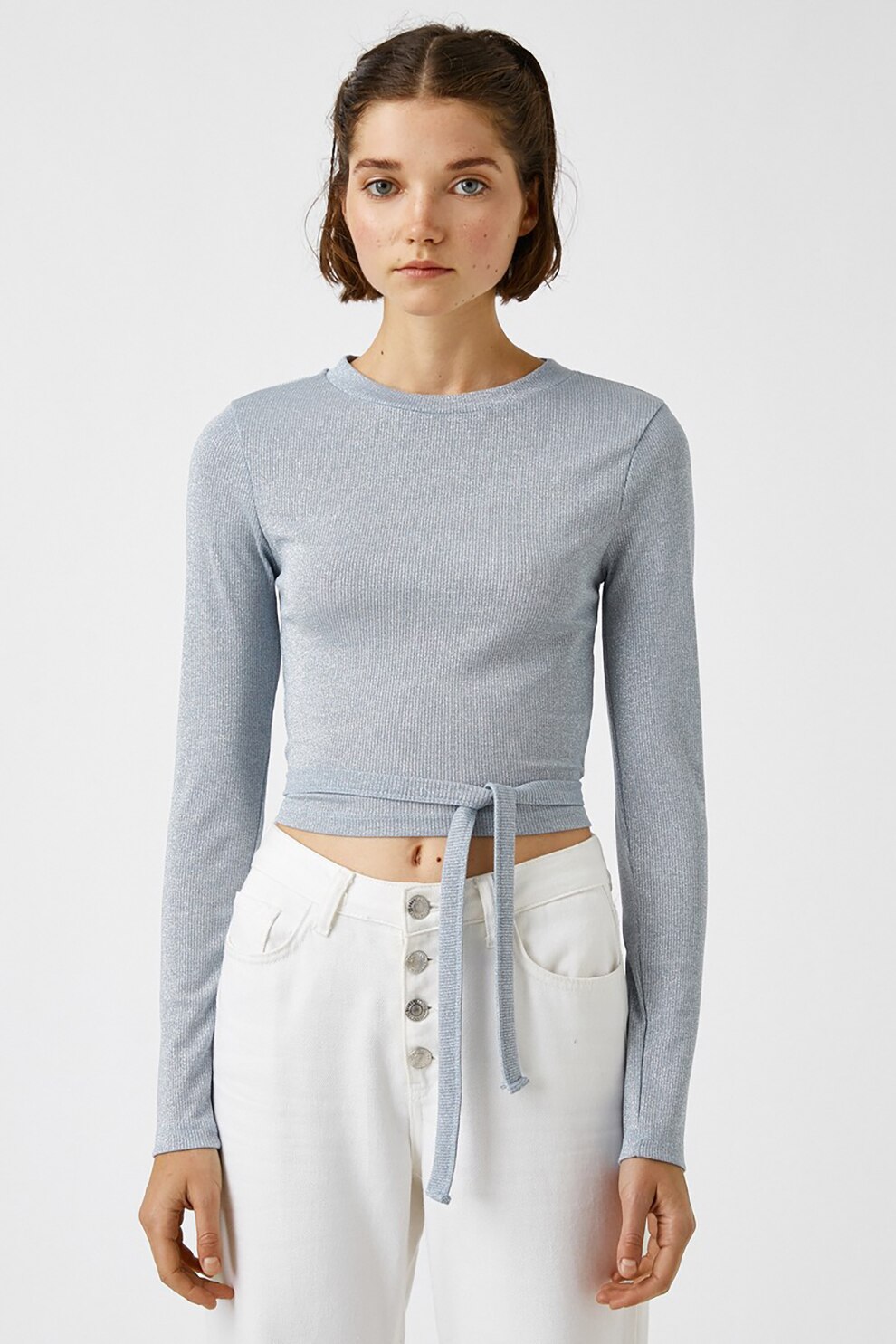 KOTON, Bluza crop cu aspect stralucitor, Albastru prafuit