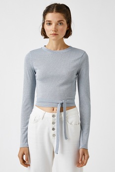 KOTON, Bluza crop cu aspect stralucitor, Albastru prafuit KOTON, Bluza crop cu aspect stralucitor, Albastru prafuit
