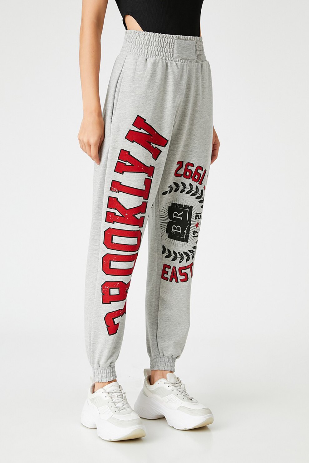 KOTON, Pantaloni sport cu imprimeu si talie elastica, Gri melange/Rosu, XL