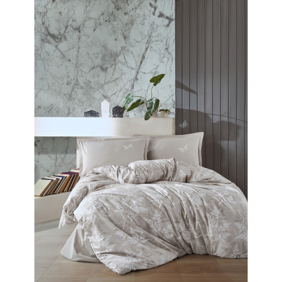 Set lenjerie pat dublu bumbac 100% ranforce, 4 piese, 240 x 260 cm, Ralex Pucioasa, Natur V2