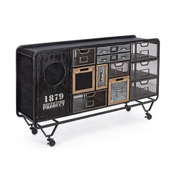 Comoda 11 sertare 1 usa din metal negru patina argintie si lemn natur Liverpool 128 cm x 33.5 cm x 78.5 h Comoda 11 sertare 1 usa din metal negru patina argintie si lemn natur Liverpool 128 cm x 33.5 cm x 78.5 h