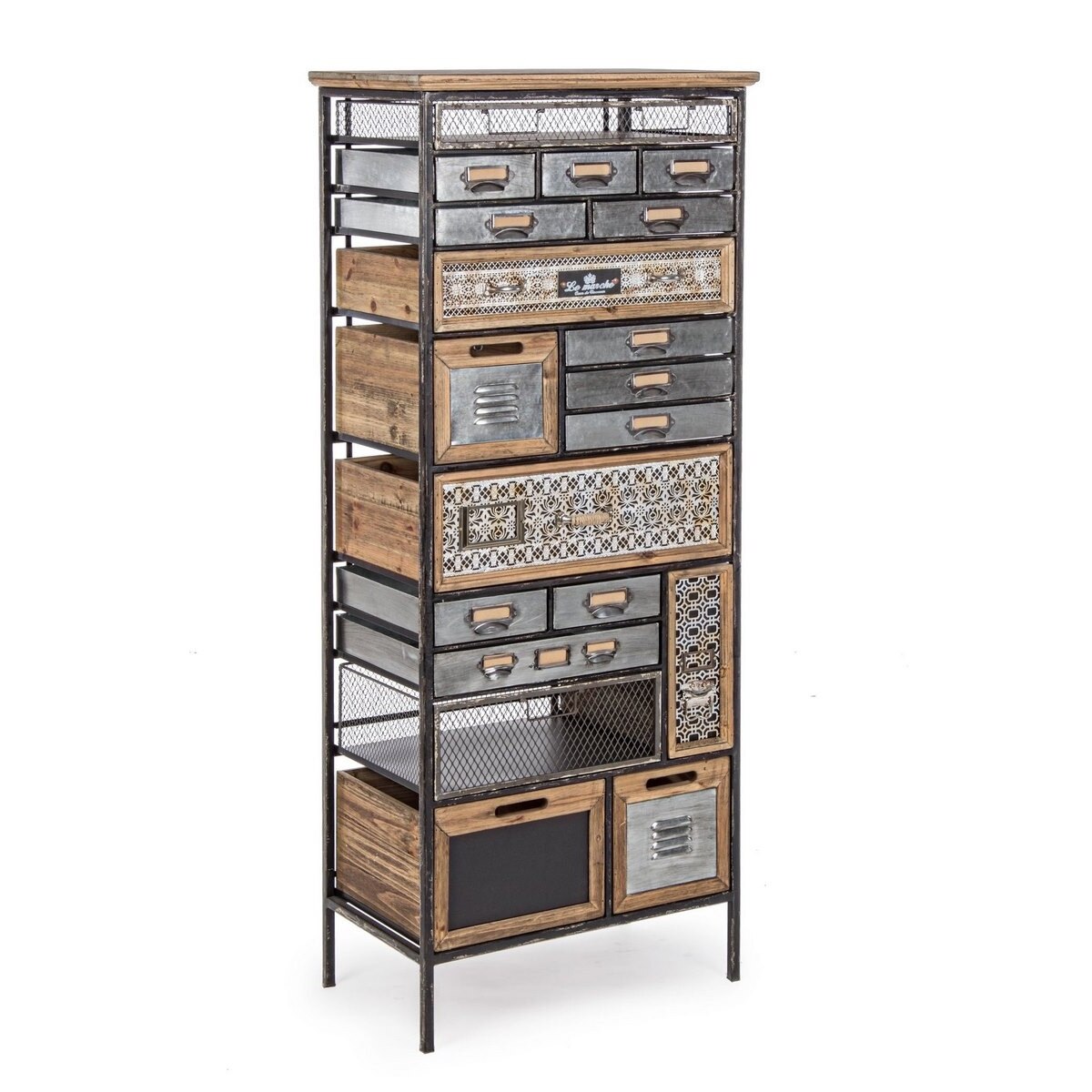 Comoda 19 sertare din lemn maro si metal gri Officina 59 cm x 33.5 cm x 146 h