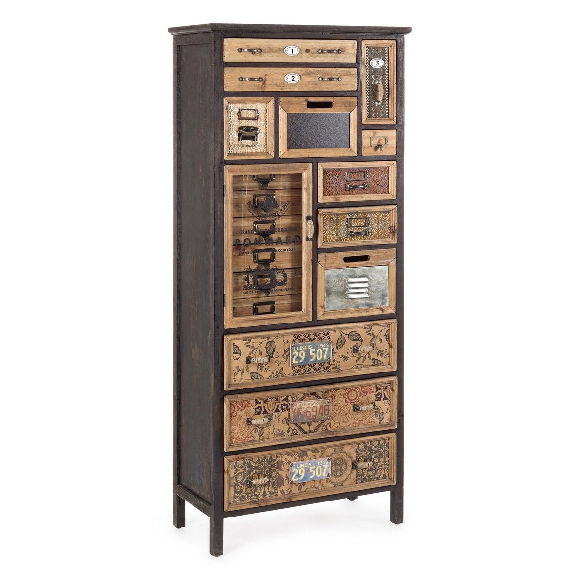 Comoda 12 sertare 1 usa din lemn maro si metal Sixtem 66 cm x 32 cm x 152.3 h