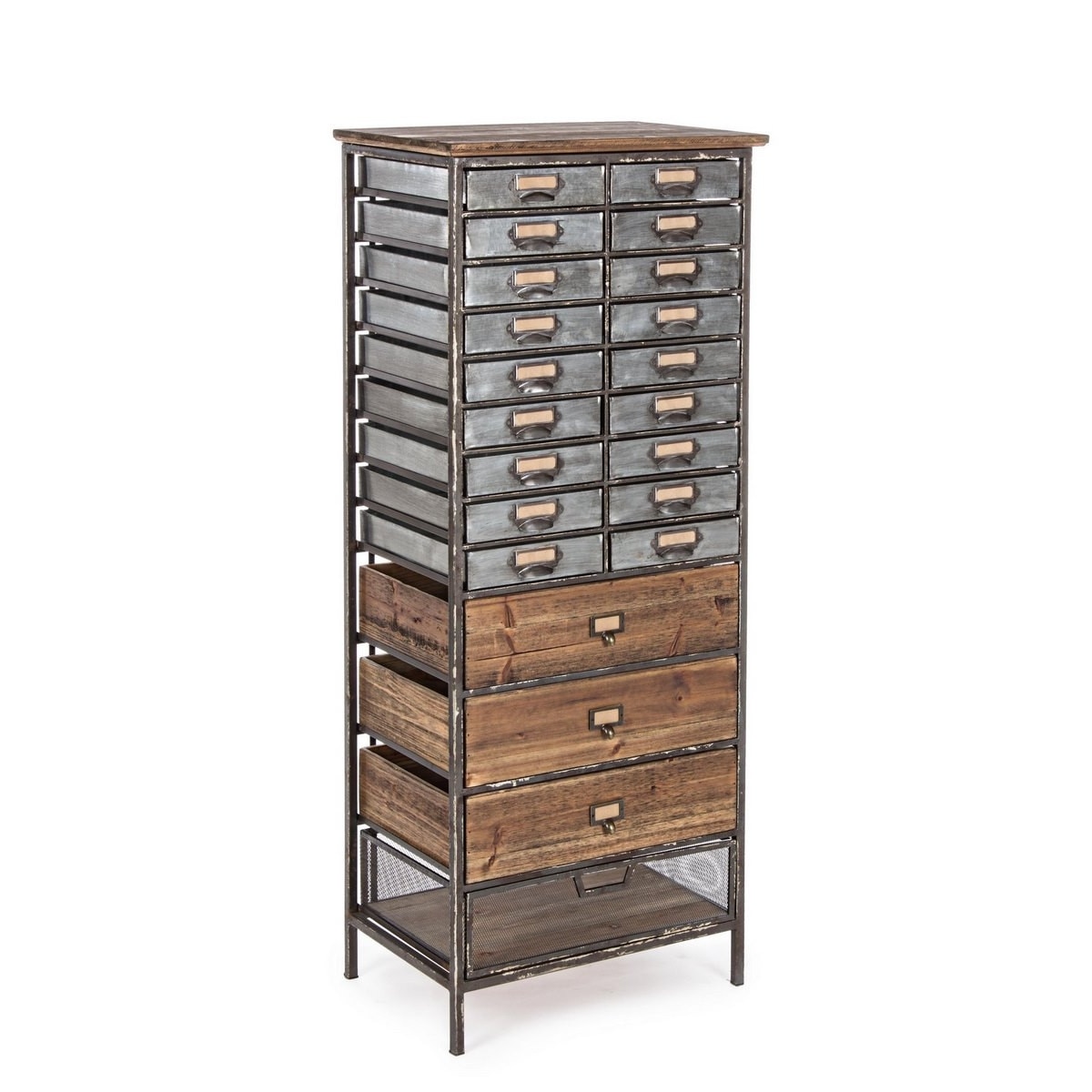Comoda 22 sertare din lemn maro si metal gri Officina 53 cm x 33.5 cm x 129.5 h