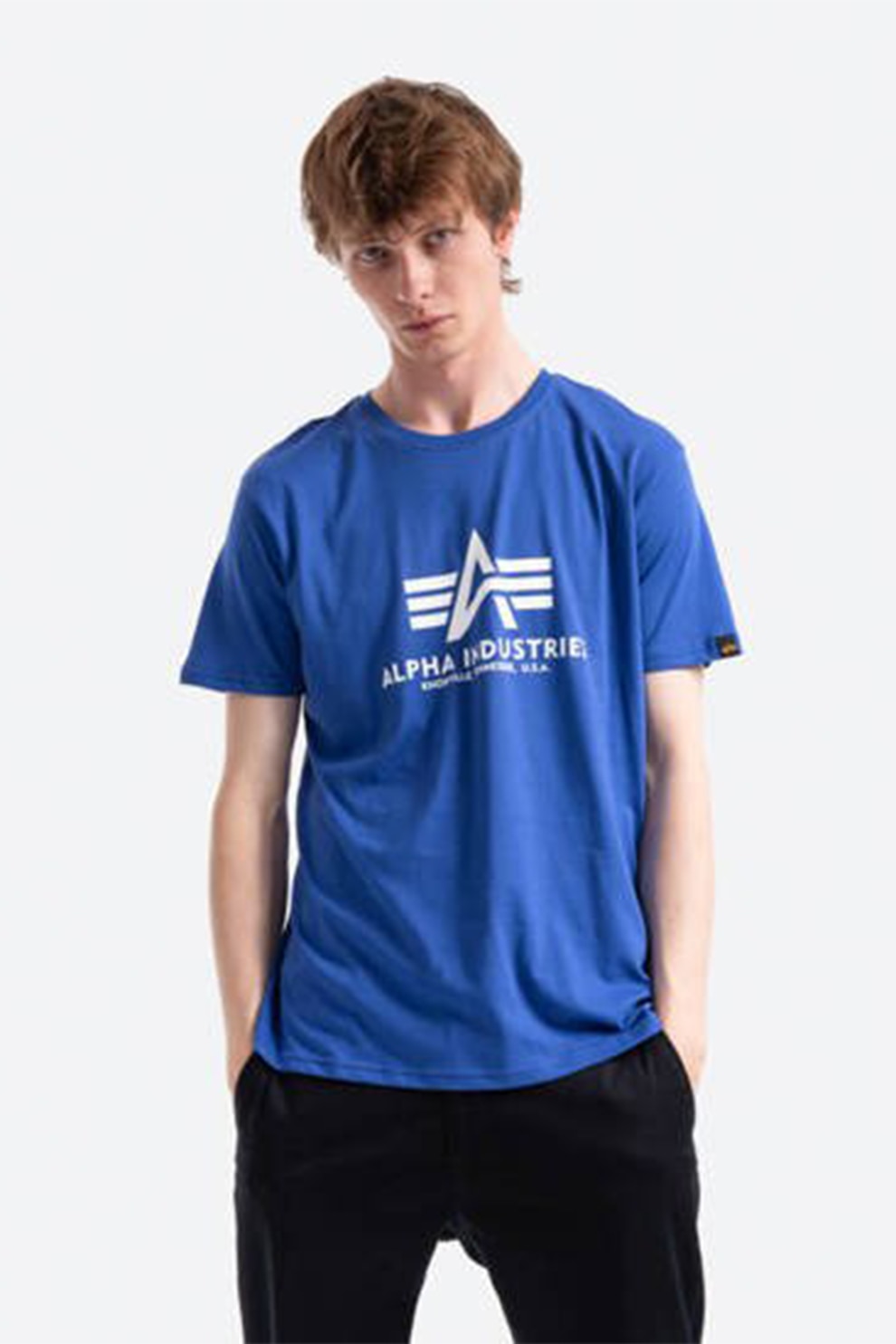 ALPHA INDUSTRIES, Tricou de bumbac cu imprimeu logo, albastru inchis/alb