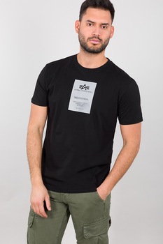 ALPHA INDUSTRIES, Tricou cu decolteu la baza gatului si imprimeu logo, Negru/Gri cenusa ALPHA INDUSTRIES, Tricou cu decolteu la baza gatului si imprimeu logo, Negru/Gri cenusa