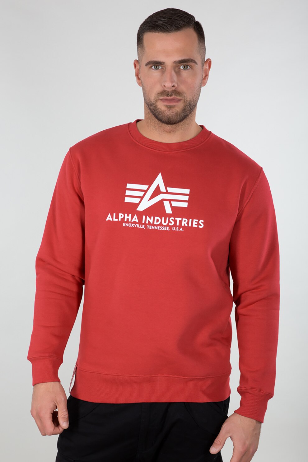ALPHA INDUSTRIES, Bluza sport cu decolteu la baza gatului si imprimeu logo, Rosu caramiziu, alb