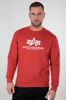 ALPHA INDUSTRIES, Bluza sport cu decolteu la baza gatului si imprimeu logo, Rosu caramiziu, alb ALPHA INDUSTRIES, Bluza sport cu decolteu la baza gatului si imprimeu logo, Rosu caramiziu, alb