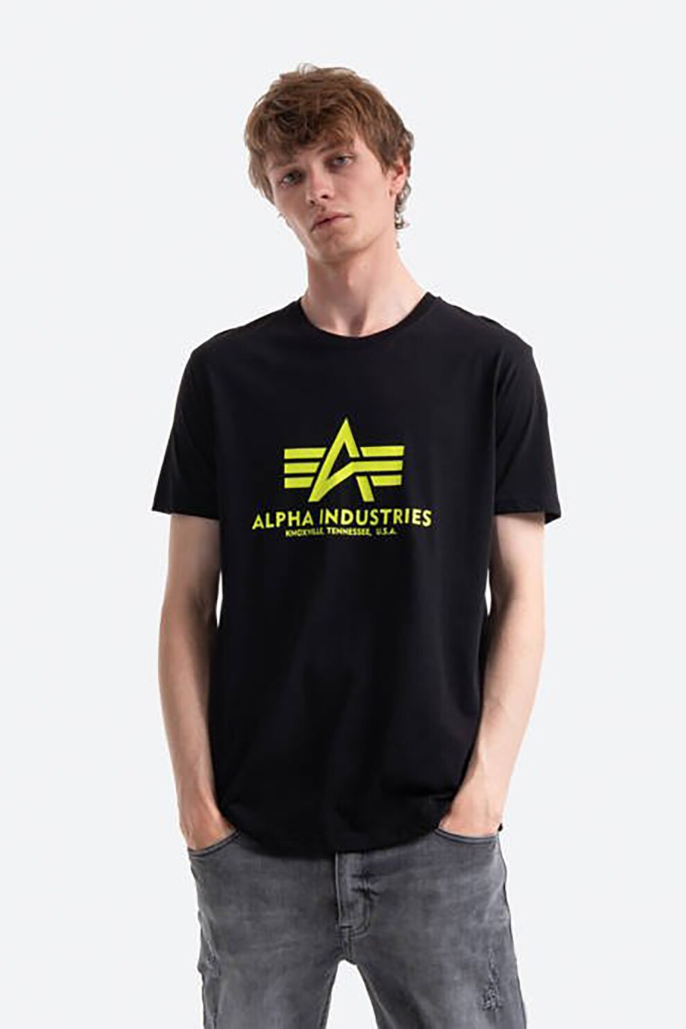 ALPHA INDUSTRIES, Tricou de bumbac cu imprimeu logo, Negru/Galben