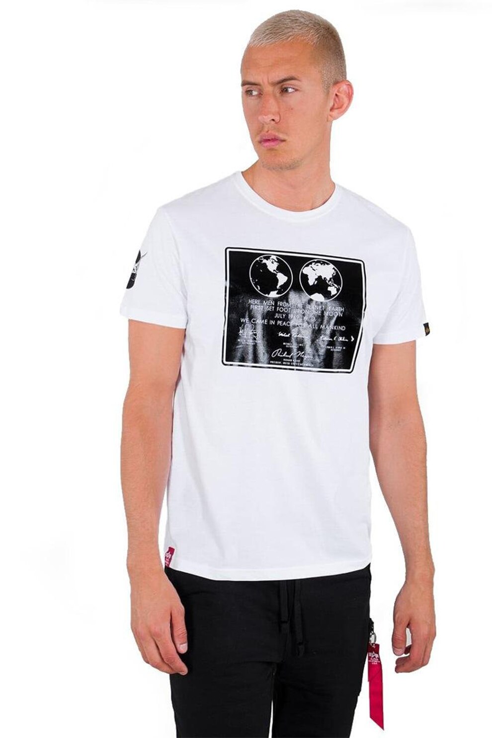 ALPHA INDUSTRIES, Tricou cu imprimeu si decolteu la baza gatului, Alb/Neru/Gri deschis