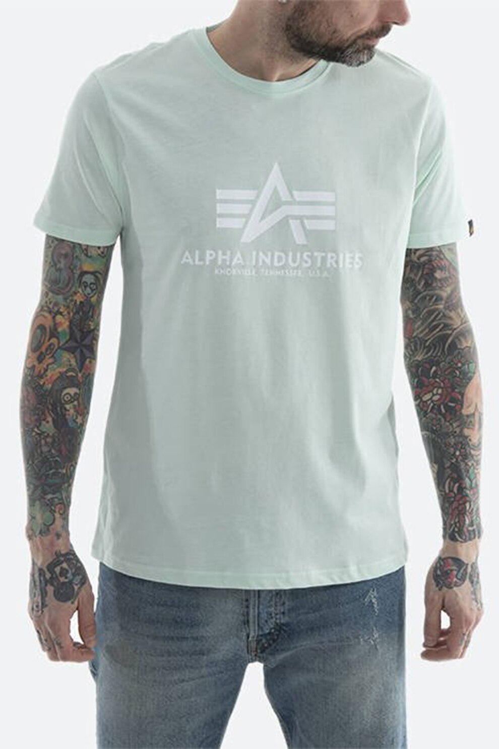 ALPHA INDUSTRIES, Tricou de bumbac cu imprimeu logo, Albastru aquamarin