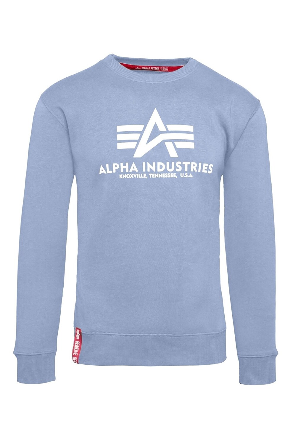 ALPHA INDUSTRIES, Bluza sport cu decolteu la baza gatului si imprimeu logo, Albastru lavanda/Alb