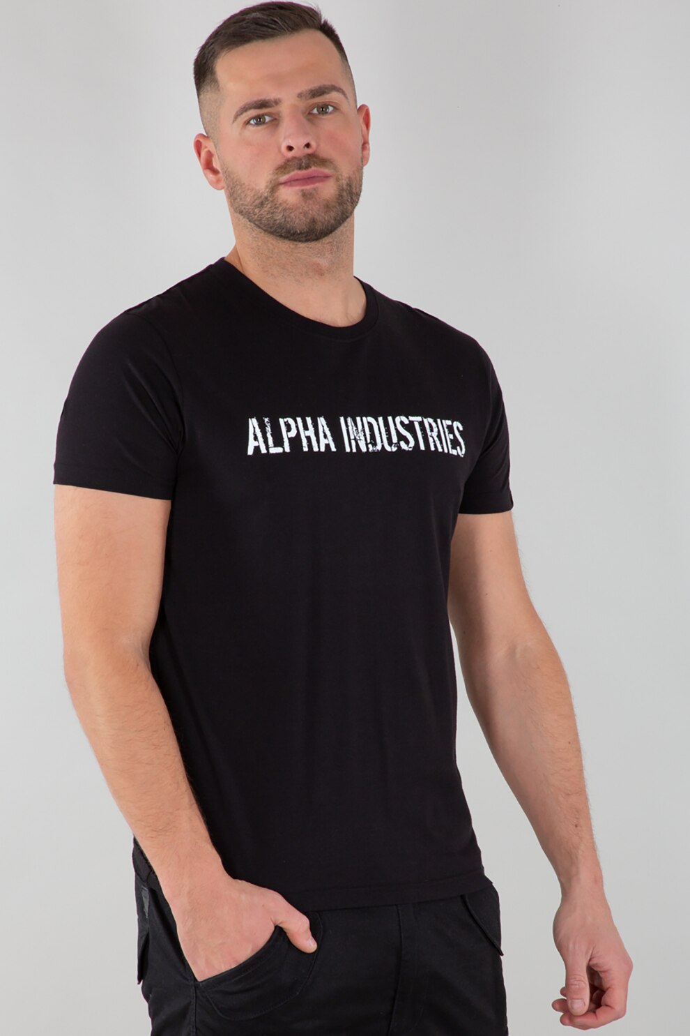 ALPHA INDUSTRIES, Tricou cu imprimeu text, Negru/Alb