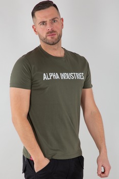 ALPHA INDUSTRIES, Tricou cu imprimeu text, Verde militar/ Alb