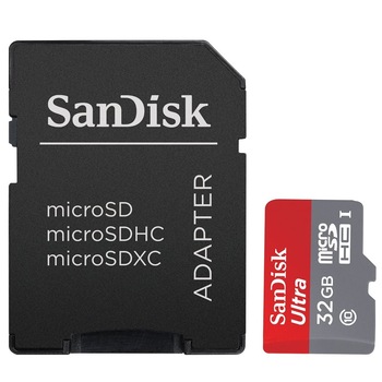 Card de memorie SanDisk Ultra MicroSDHC, 32GB, UHS-I, Class 10 + Adaptor Card de memorie SanDisk Ultra MicroSDHC, 32GB, UHS-I, Class 10 + Adaptor