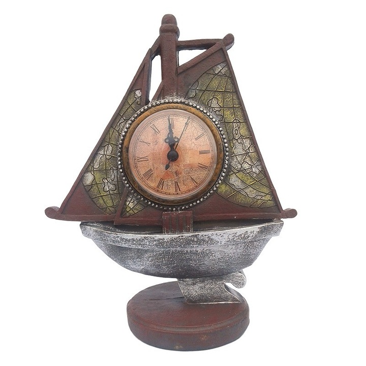 Decoratiune din rasina in forma de corabie cu panze si cu ceas din plastic, 25 cm