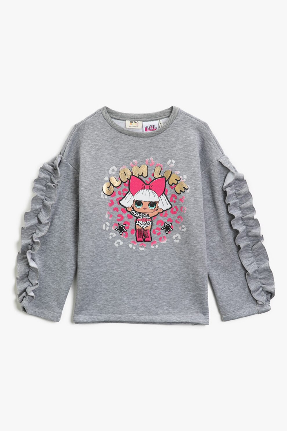 KOTON, Bluza sport cu model si aplicatii cu volane, Gri melange/Roz, 104-110 CM