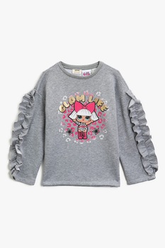 KOTON, Bluza sport cu model si aplicatii cu volane, Gri melange/Roz, 104-110 CM KOTON, Bluza sport cu model si aplicatii cu volane, Gri melange/Roz, 104-110 CM