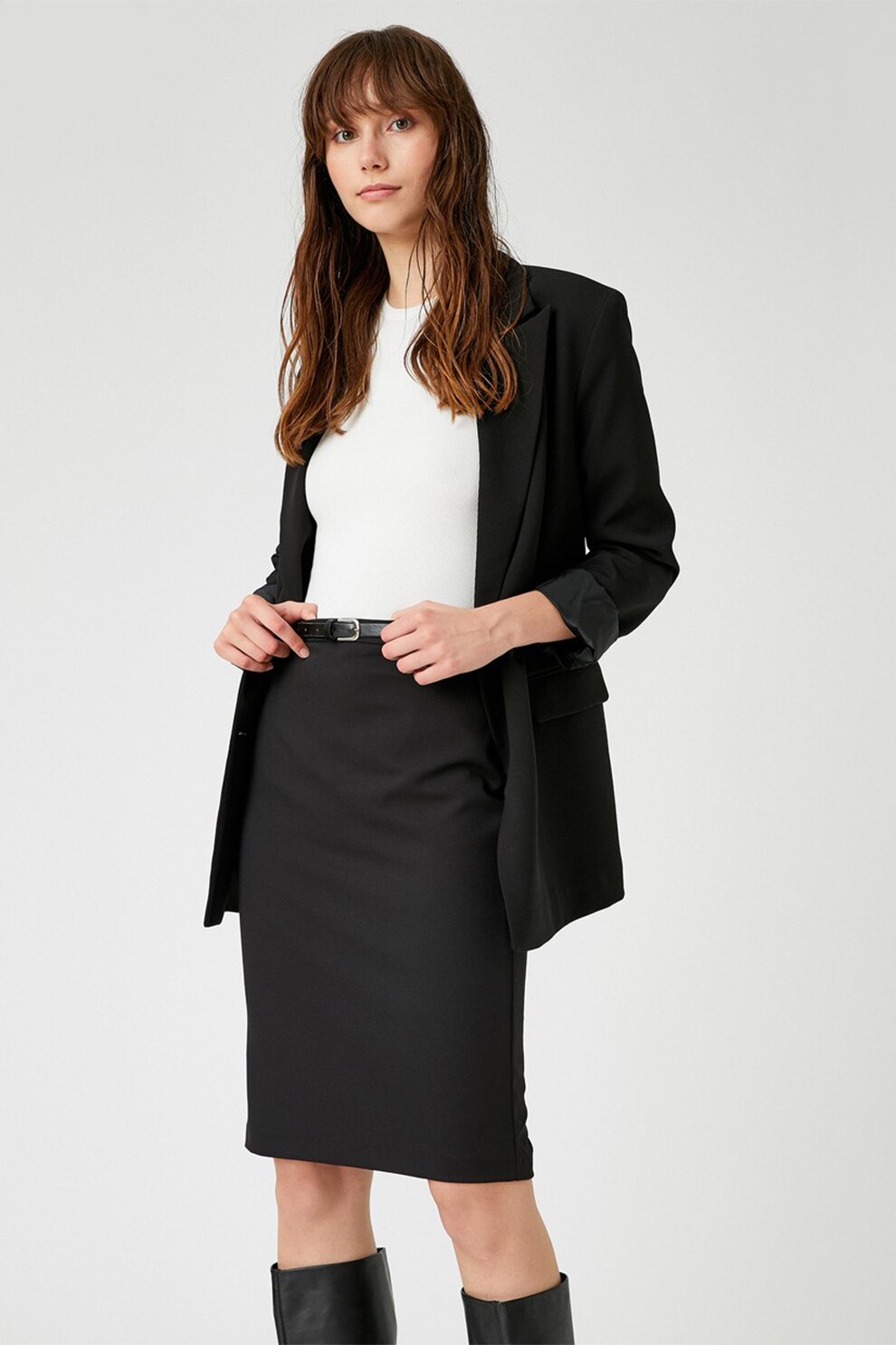 KOTON, Fusta cambrata cu talie inalta, Negru